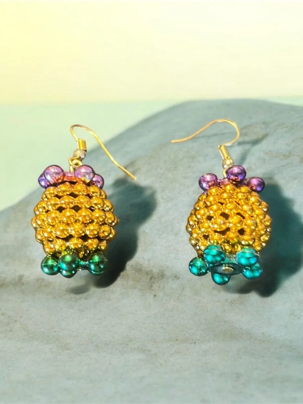 Handmade Pineapple Drop Earrings in Gold, Purple & Green Mardi Gras Beaded